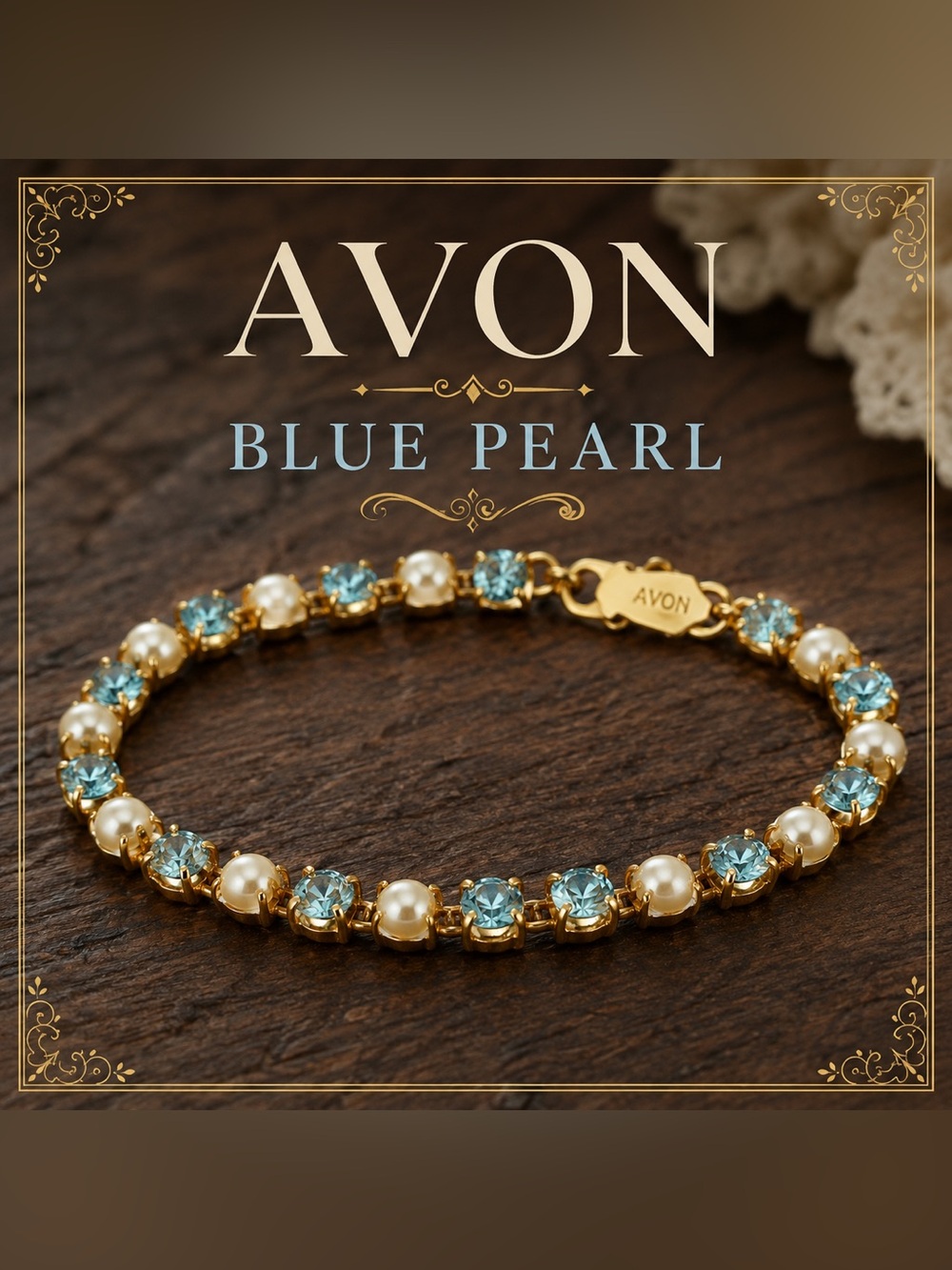 Avon Gold-Tone Bracelet with Blue Crystals and Ivory Pearls
